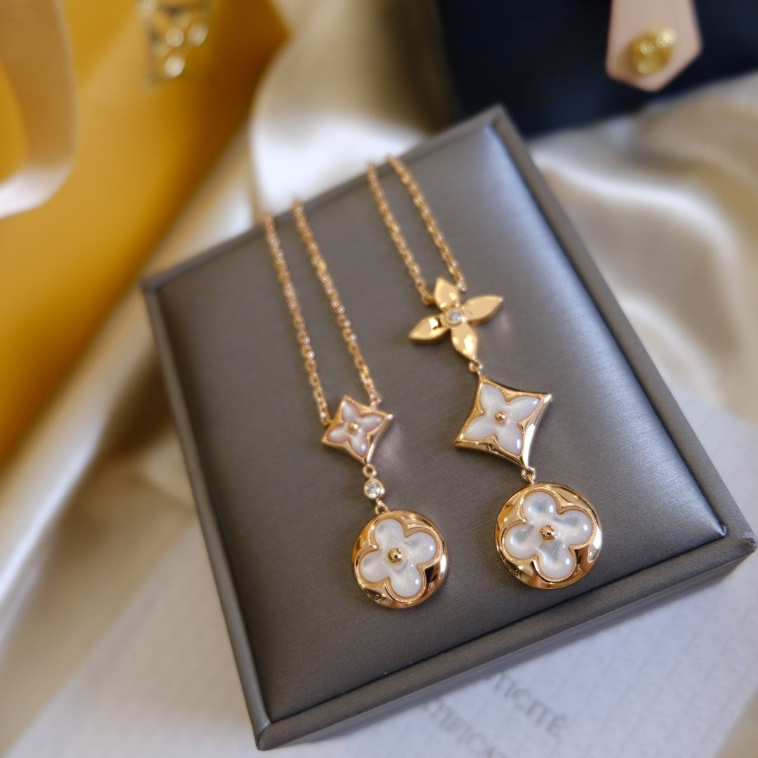 [⭐Hevara Jewelry]COLOR BLOSSOM LARIAT NECKLACE PINK GOLD WHITE MOTHER PEARL AND DIAMOND