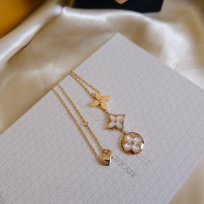 [⭐Hevara Jewelry]COLOR BLOSSOM LARIAT NECKLACE PINK GOLD WHITE MOTHER PEARL AND DIAMOND