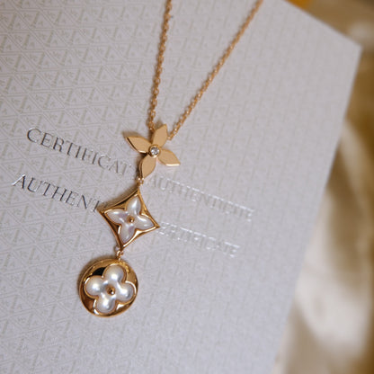 [⭐Hevara Jewelry]COLOR BLOSSOM LARIAT NECKLACE PINK GOLD WHITE MOTHER PEARL AND DIAMOND