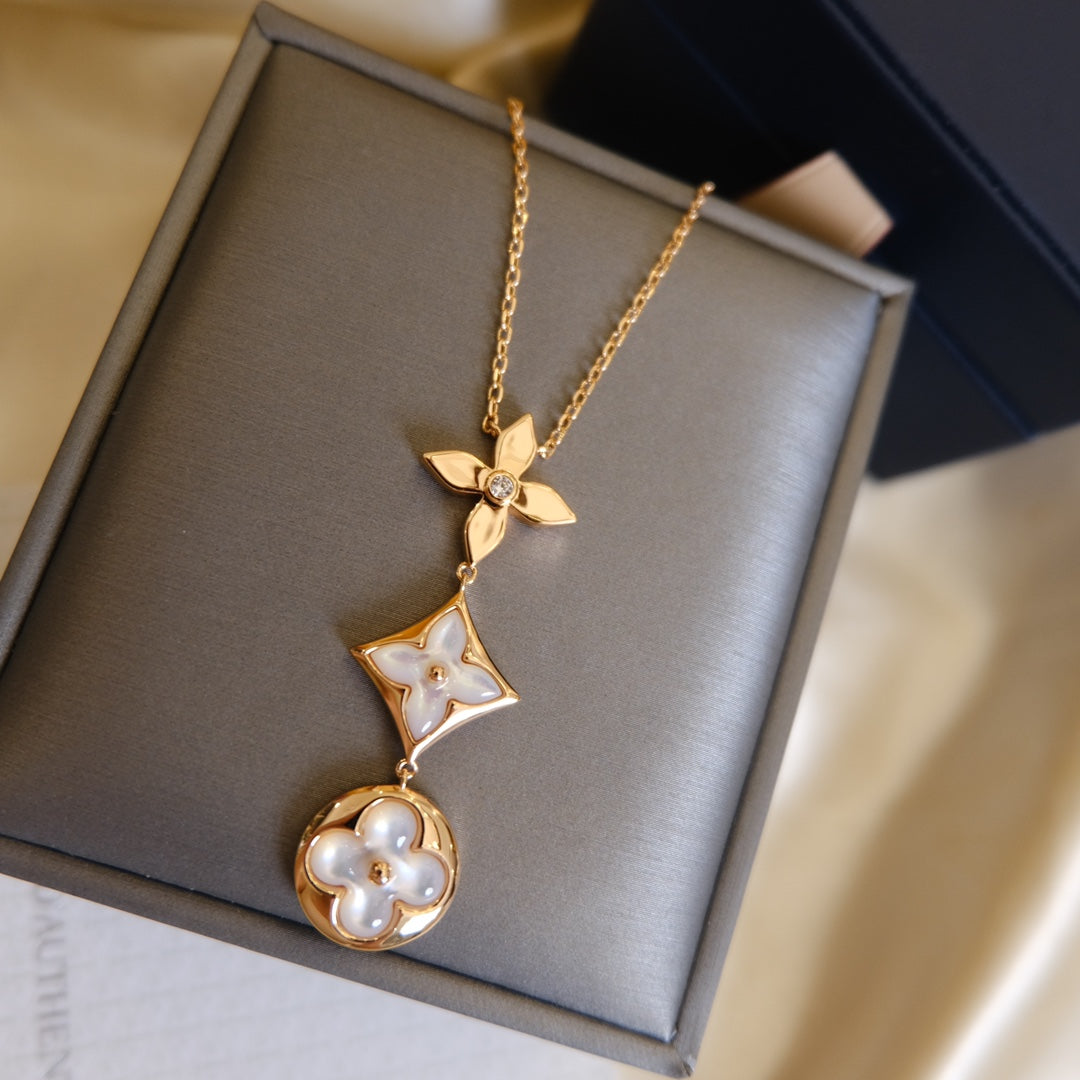 [⭐Hevara Jewelry]COLOR BLOSSOM LARIAT NECKLACE PINK GOLD WHITE MOTHER PEARL AND DIAMOND