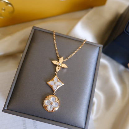 [⭐Hevara Jewelry]COLOR BLOSSOM LARIAT NECKLACE PINK GOLD WHITE MOTHER PEARL AND DIAMOND