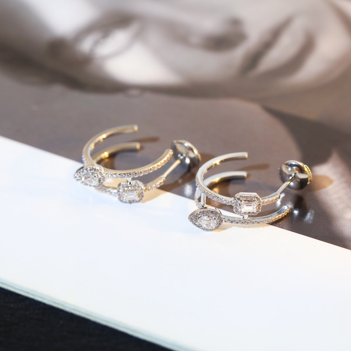 [⭐Hevara Jewelry]CREOLES MY TWIN 2 RANGS SILVER DIAMOND EARRINGS
