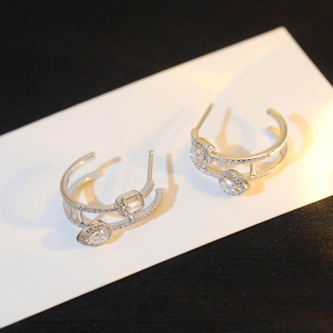 [⭐Hevara Jewelry]CREOLES MY TWIN 2 RANGS SILVER DIAMOND EARRINGS