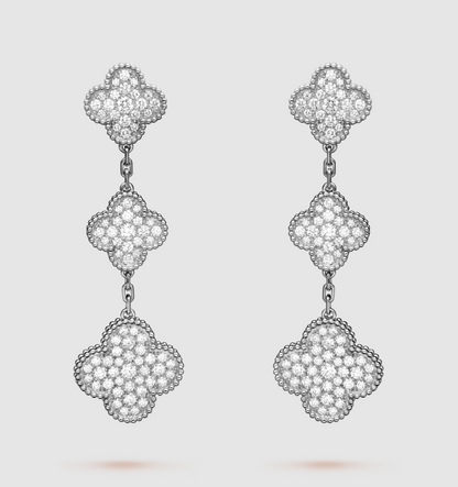 [⭐Hevara Jewelry]CLOVER 3 MOTIF DIAMOND SILVER DROP EARRINGS