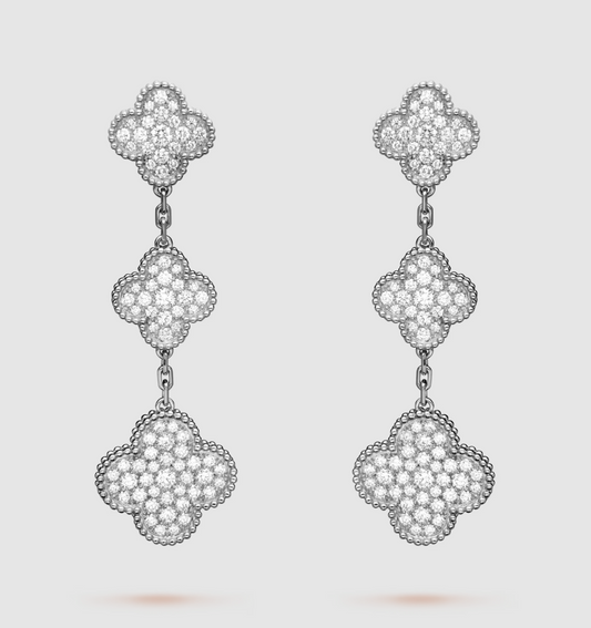 [⭐Hevara Jewelry]CLOVER 3 MOTIF DIAMOND SILVER DROP EARRINGS