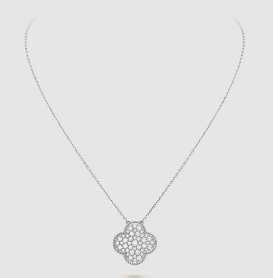 [⭐Hevara Jewelry]CLOVER 25MM LARGE PENDANT DIAMOND PAVED SILVER NECKLACE