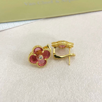 [⭐Hevara Jewelry]2026 NEW  CLOVER 1 MOTIFPINK ENAMEL STUD EARRINGS WITH DIAMONDS2