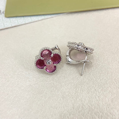 [⭐Hevara Jewelry]2026 NEW  CLOVER 1 MOTIFPINK ENAMEL STUD EARRINGS WITH DIAMONDS2