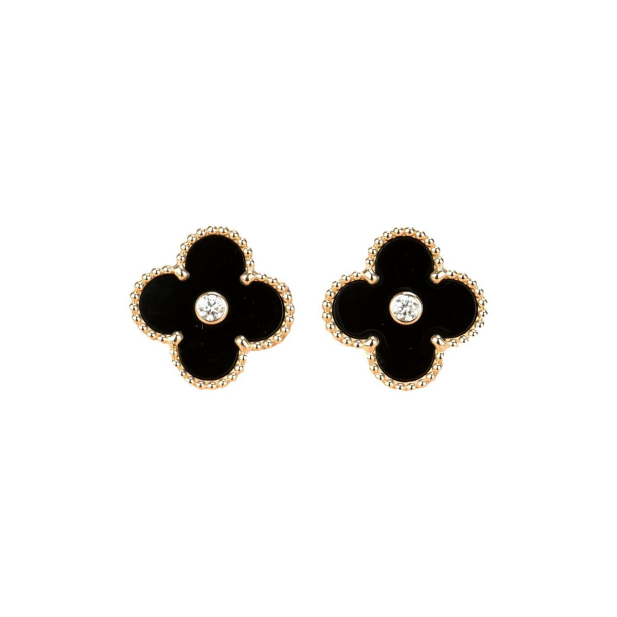 [⭐Hevara Jewelry]CLOVER MEDIUM 1 MOTIFS ONYX DIAMOND EARRINGS