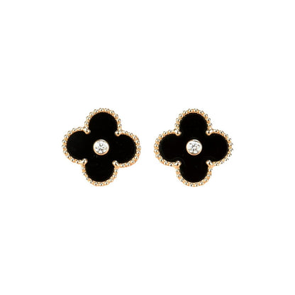 [⭐Hevara Jewelry]CLOVER MEDIUM 1 MOTIFS ONYX DIAMOND EARRINGS