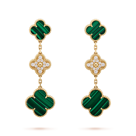 [⭐Hevara Jewelry]CLOVER EARRINGS GOLD MALACHITE DIAMOND 3 MOTIF