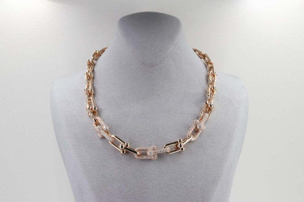 [Hevara Jewelry]HARDWEAR GRADUATED LINK NECKLACE ROSE GOLD WITH PAVE DIAMONDS