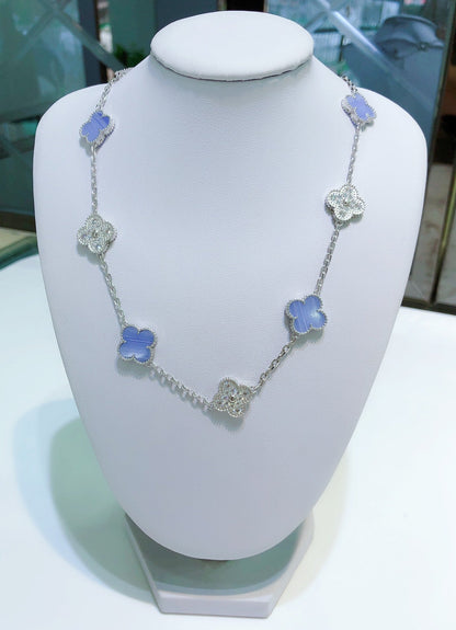 [⭐Hevara Jewelry]CLOVER 10 MOTIFS CHALCEDONY DIAMONDS SILVER NECKLACE