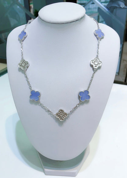 [⭐Hevara Jewelry]CLOVER 10 MOTIFS CHALCEDONY DIAMONDS SILVER NECKLACE