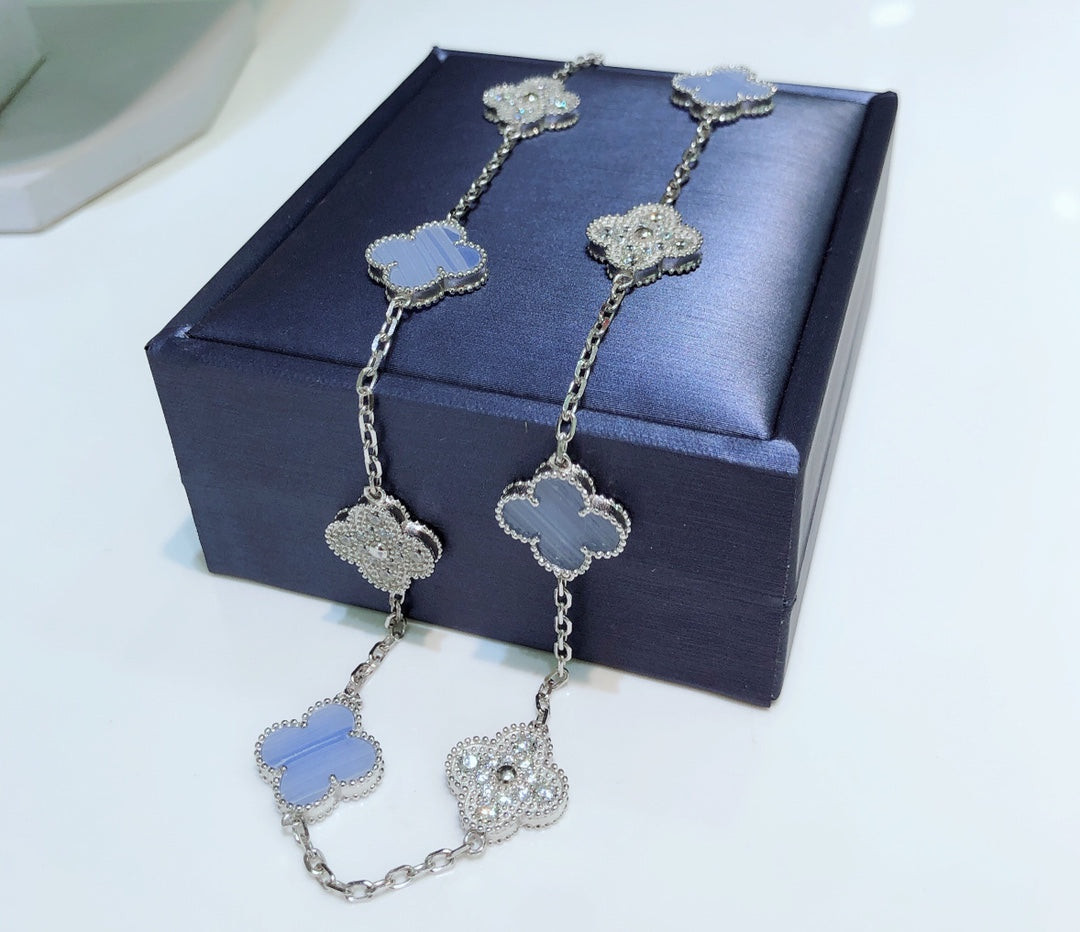 [⭐Hevara Jewelry]CLOVER 10 MOTIFS CHALCEDONY DIAMONDS SILVER NECKLACE