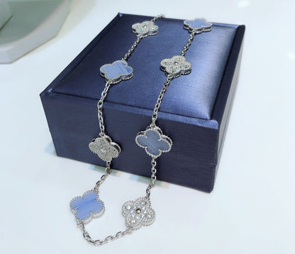 [⭐Hevara Jewelry]CLOVER 10 MOTIFS CHALCEDONY DIAMONDS SILVER NECKLACE