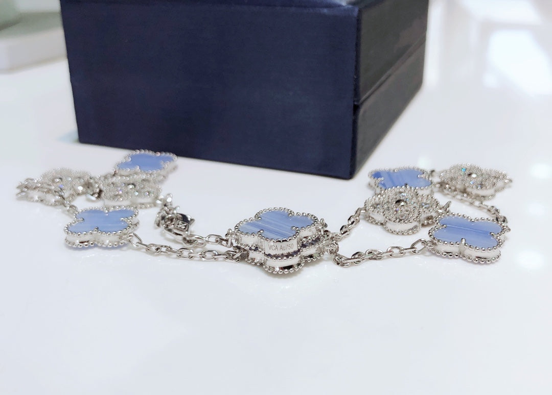 [⭐Hevara Jewelry]CLOVER 10 MOTIFS CHALCEDONY DIAMONDS SILVER NECKLACE