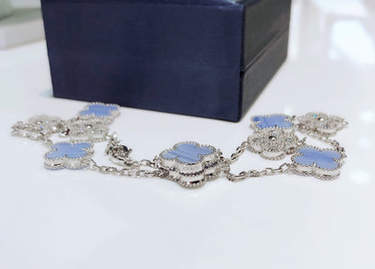 [⭐Hevara Jewelry]CLOVER 10 MOTIFS CHALCEDONY DIAMONDS SILVER NECKLACE