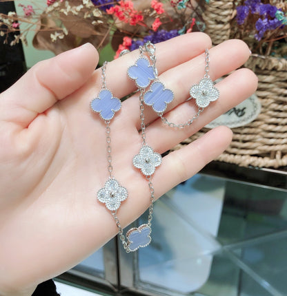 [⭐Hevara Jewelry]CLOVER 10 MOTIFS CHALCEDONY DIAMONDS SILVER NECKLACE