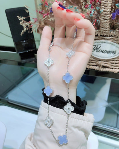 [⭐Hevara Jewelry]CLOVER 10 MOTIFS CHALCEDONY DIAMONDS SILVER NECKLACE