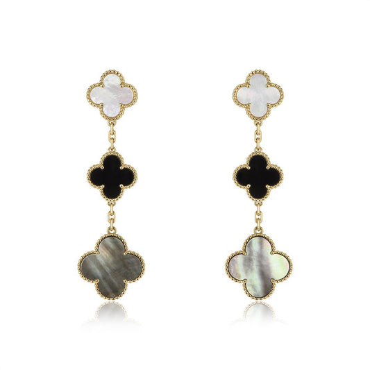 [⭐Hevara Jewelry]CLOVER EARRINGS GOLD ONYX MOP 3 MOTIF